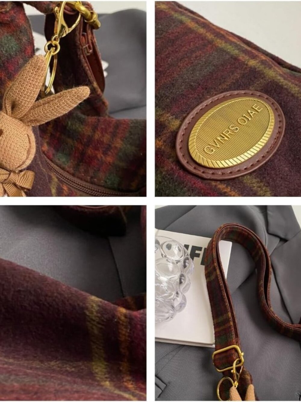 Plaid Purses for Women - Wool Handbag with Pendant, Hobo Shoulder Bag and Tartan - Picture 6 of 7